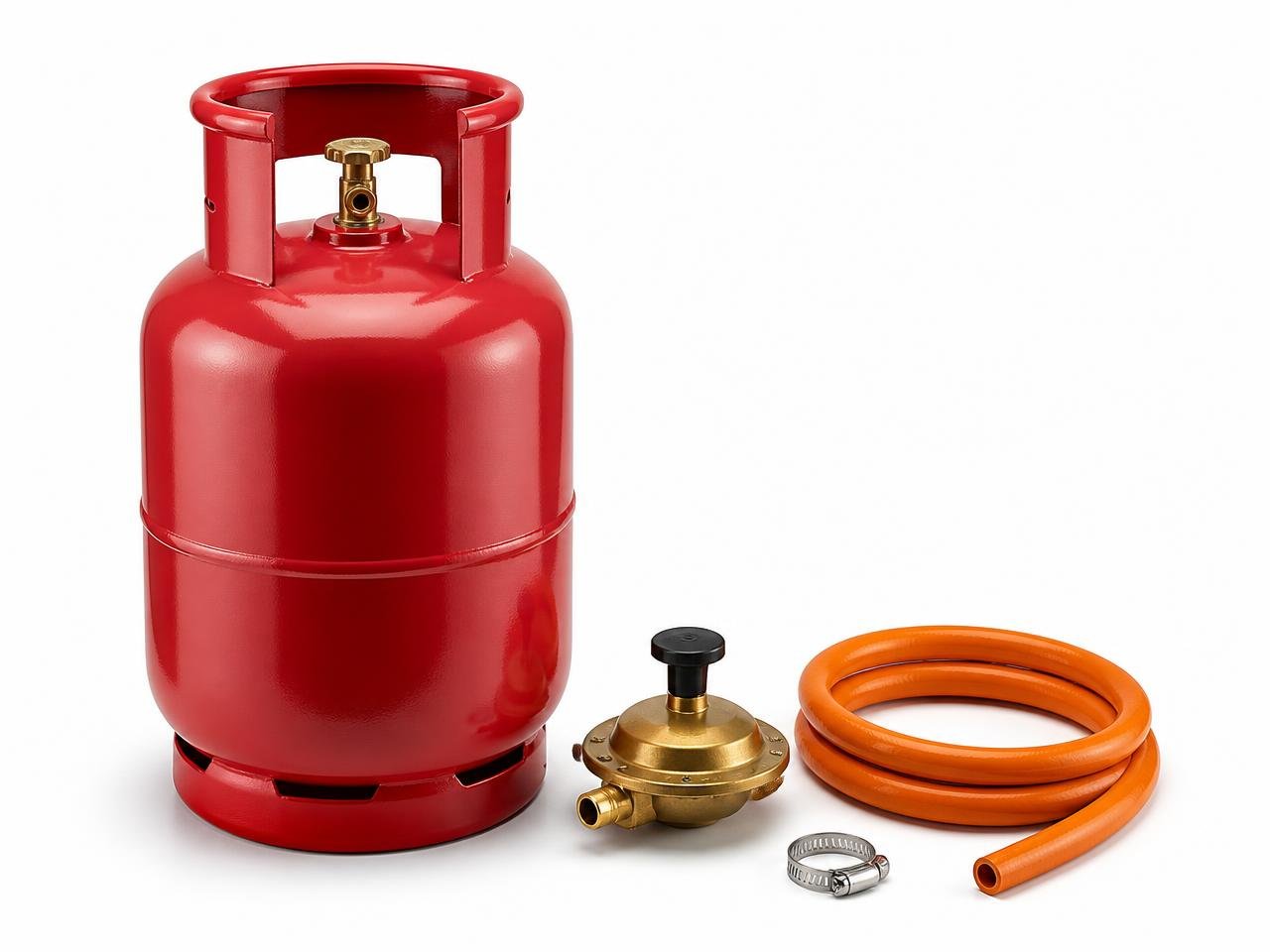 New LPG connection kit: red gas cylinder, brass regulator, hose and clamp
