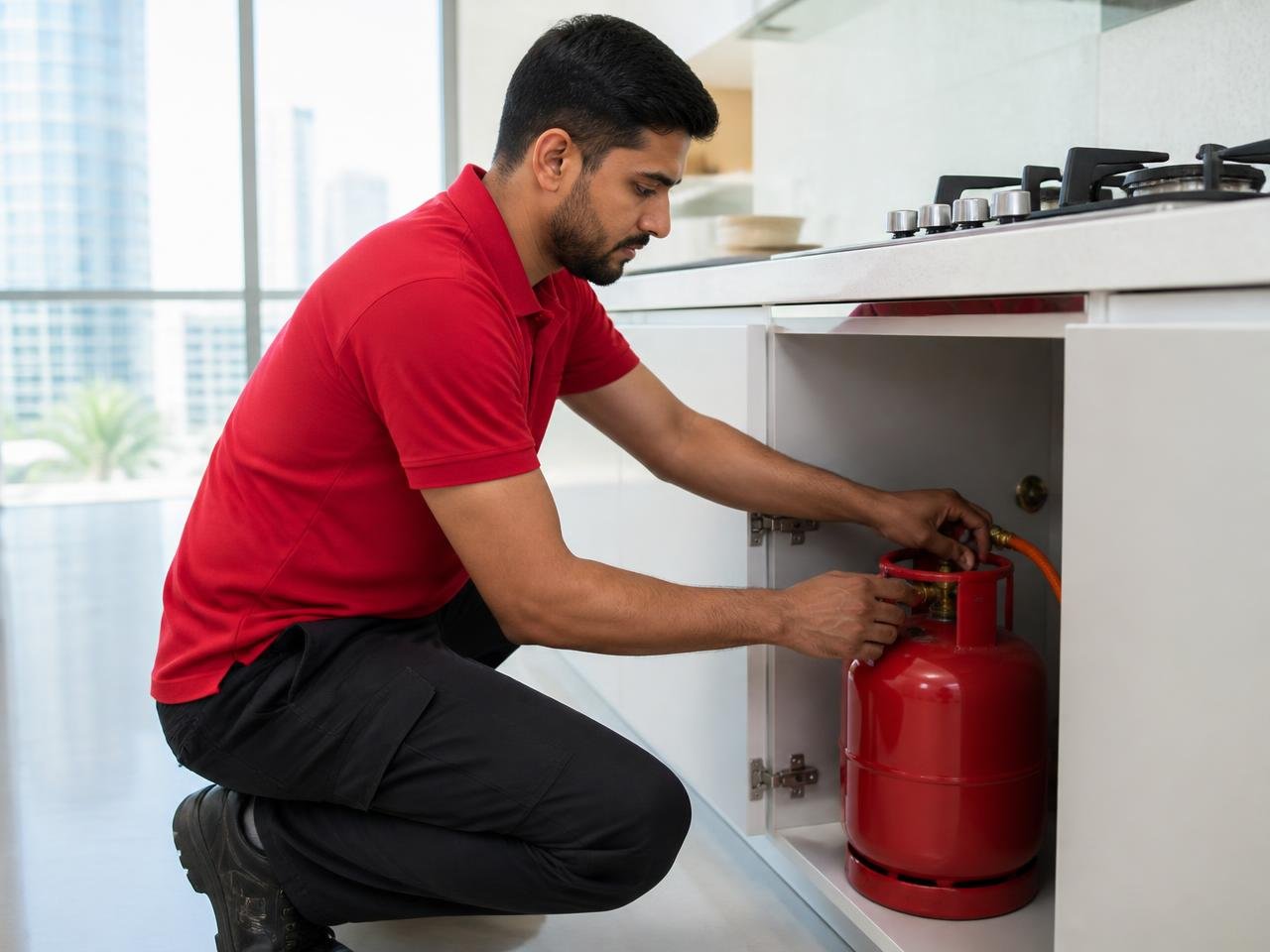 RuunOn technician installing a new LPG gas cylinder in a Dubai kitchen