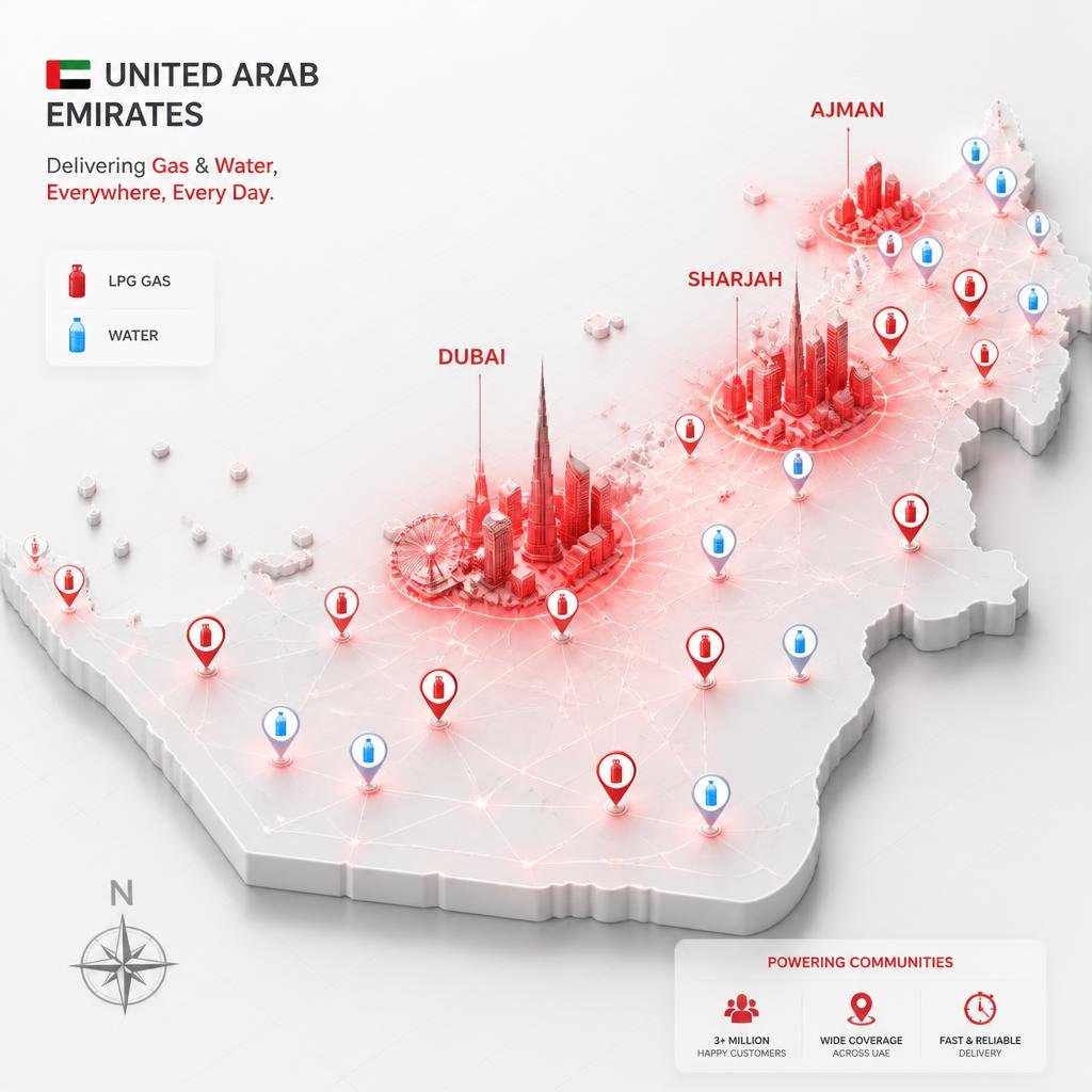 RuunOn UAE coverage map showing delivery pins across Dubai, Sharjah and Ajman